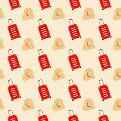 Summer brim hat and Travel suitcase on wheels with handle Seamless Pattern. Summertime backdrop idea