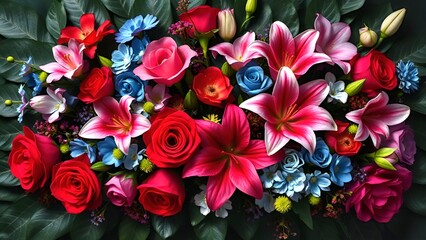 A vibrant floral arrangement featuring red roses, pink lilies, blue flowers, and lush green leaves, showcasing a rich and colorful bouquet. AI-generated content.