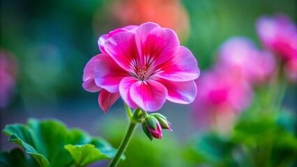 Fototapeta premium Miniature Pink Geranium Flower, Pelargonium Bloom, Tilt-Shift Photography