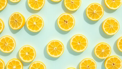 A seamless pattern of vibrant yellow lemon slices scattered across a pastel blue background, evoking a fresh and summery vibe. AI-generated content.