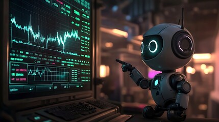 A small robot analyzing stock market data on a futuristic screen in a busy tech environment