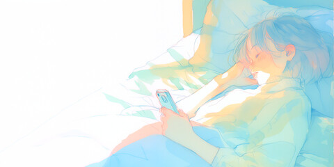 思いを寄せている人からの返信を待ってスマホが手放せない女性。少女。イラスト。水彩画。バナー背景。挿絵。