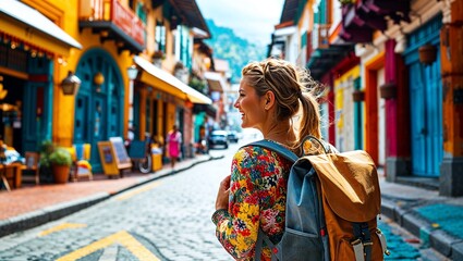 Obraz premium Exploring vibrant street, woman with backpack enjoys scenery