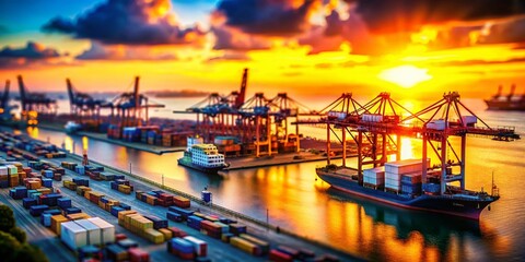 Fototapeta premium Miniature Sunset Harbour: Cranes & Port Machinery at Golden Hour