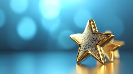 Golden stars on blue background, success concept, bokeh lights, achievement.