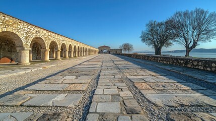 Obraz premium Historic Stone Pathway Leading to an Archway with Trees and Open Sky