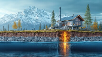 Fototapeta premium Modern House on a Cliffside with Geothermal Energy Source