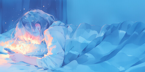 思いを寄せている人からの返信を待ってスマホが手放せない女性。少女。イラスト。水彩画。バナー背景。挿絵。