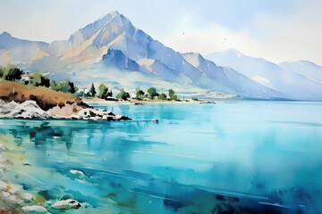 Naklejka premium Watercolor lake and mountains
