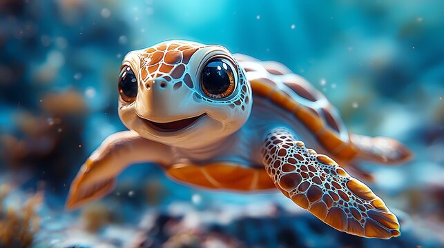 Happy baby sea turtle swimming in ocean coral. Ideal for children's book, greeting card.