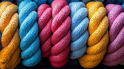 Colorful rope knots with a patterned bundle texture symbolize climbing safety, strong connections, and network diversity, resembling a rainbow on wallpaper with abstract textile lines