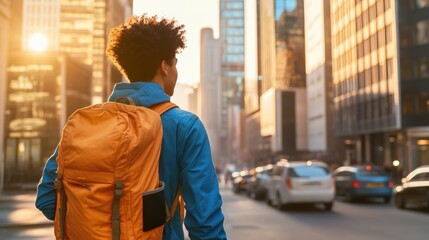 Fototapeta premium Young Man Backpack Cityscape Sunrise - Golden Hour Photography