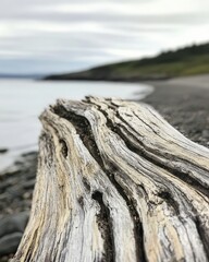A serene image of weathered driftwood with unique grain patterns and natural cracks