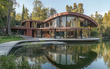 A contemporary lakeside home with a bold architectural design, featuring large open spaces and a private dock