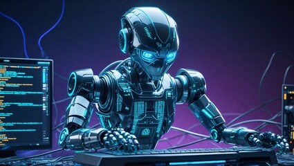 Robot works in an office on a laptop