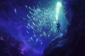 Obraz premium Underwater diver interacts with bioluminescent fish in majestic cave