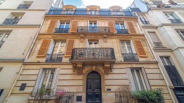 An ornate Parisian apartment building with wrought-iron balconies and window shutters.