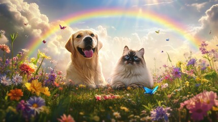Obraz premium A cheerful Labrador retriever and a fluffy Persian cat sitting under a rainbow, surrounded by wildflowers, with a bright and sunny sky overhead.