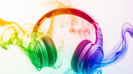 Obraz premium A close-up of headphones with radiant, rainbow-like smoke flowing naturally around them, the vibrant colors glowing against the bright white backdrop.