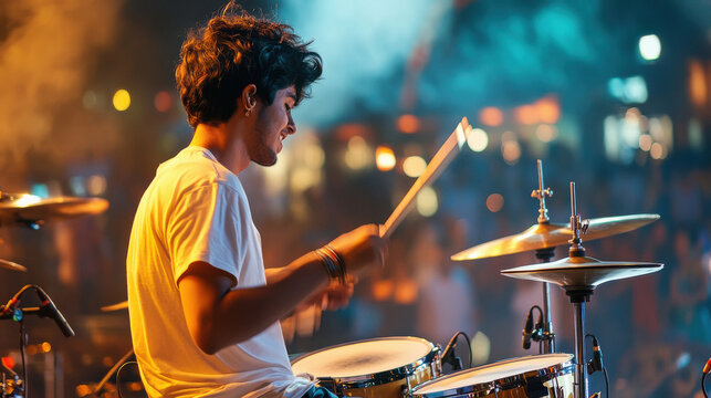 a young Indian male person playing the drums on stage, wearing a purple t-shirt