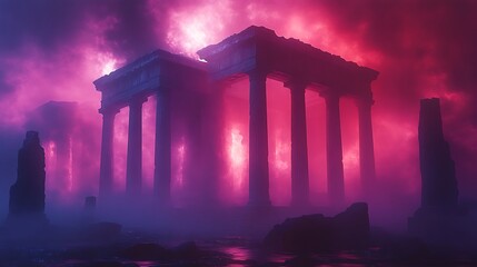 Naklejka premium Twilight Enchanted Ruins Pathway Dreamlike Full Moon Mystical Landscape Magic Photo