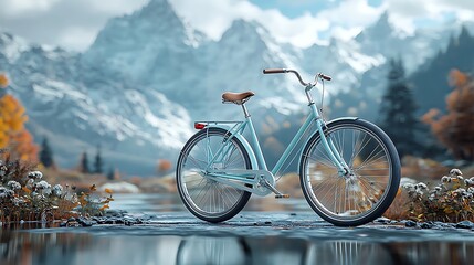 Light blue bicycle by river, autumn mountain backdrop; travel poster.