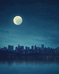 A serene night cityscape featuring twinkling lights, a full moon, and a silhouette of a skyline
