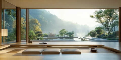 Fototapeta premium A serene open-plan living space with a blend of Scandinavian minimalism and Japanese zen elements