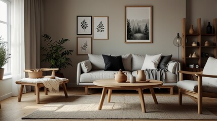 Cozy living room interior, Scandinavian style. Wooden furniture and elegant.