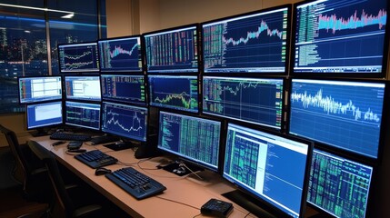 Fototapeta premium A high-tech financial analytics setup featuring multiple computer monitors displaying stock market trends, global financial data maps, and interactive dashboards.