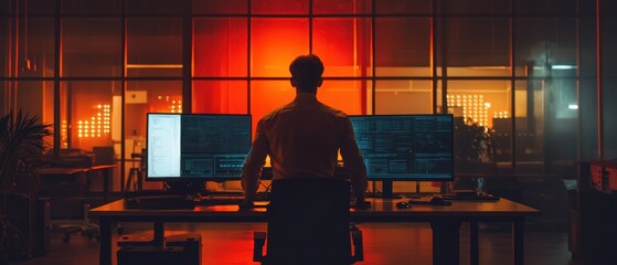 Young man works on high-tech control panel in a dimly lit room with colorful lights during evening hours