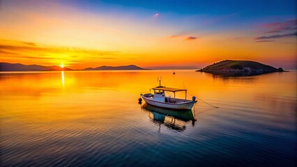 Naklejka premium Minimalist Drone Shot: Calm Sea Sunset, Lesbos, Anchored Boat