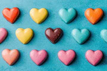 Colorful heart-shaped chocolates vibrant background food photography playful atmosphere close-up love concept