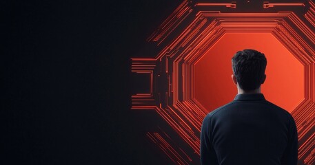 A silhouette of a person gazes at an abstract red design, creating a striking contrast against a dark background.