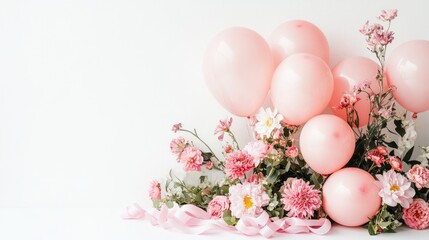 Fototapeta premium Soft Pink Balloons and Flowers Arrangement for Celebration Event