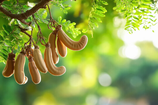 A tamarind tree with hanging fruit that resembles long, less tamarind and brown pods.