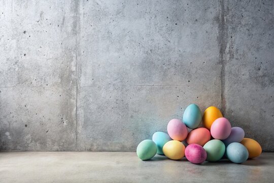 Minimalist Easter Background: Modern Concrete Urban Setting with Pastel Eggs