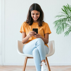 Obraz premium young woman sitting on white chair using smartphone