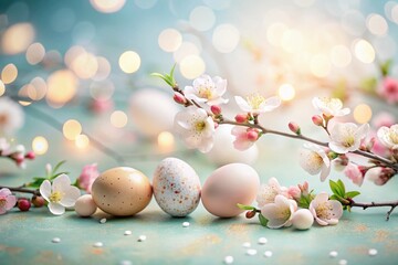 Fototapeta premium Minimalist Easter Floral Bokeh Background: Pastel Spring Flowers & Eggs