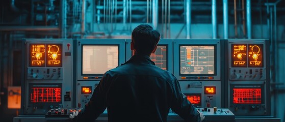 Control room operator monitoring data in a dimly lit facility during nighttime