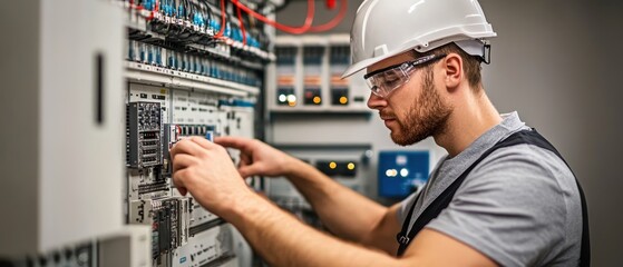 Skilled technician working on electrical panel in industrial setting at dusk for system maintenance