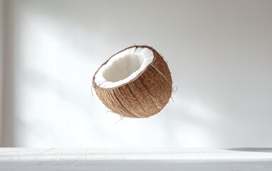 Fototapeta premium A fresh coconut half hovering dynamically mid-air with its white flesh detailed on a bright white backdrop