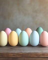 Rows of Colorful Dyed Easter Eggs on Rustic Wooden Tabletop with Soft Natural Lighting
