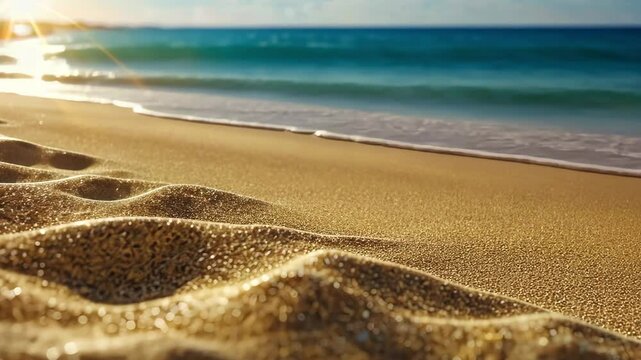 Sandy beach on blurred background. Close-up of sandy desert of golden color. Calm sea wave blue sky. 