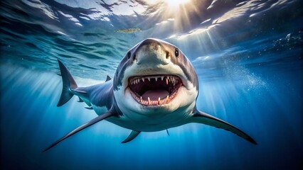Minimalist Great White Shark Close-Up: Open Mouth, Crystal Clear Water