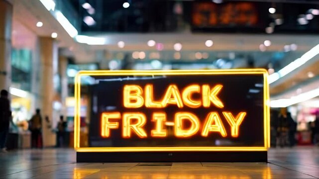 Warm light neon sign with inscription black friday in shopping center. Sale, discount and big discounts in stores.