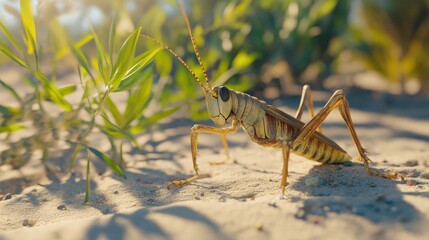 An Egyptian locust captured mid-motion on sandy soil, with a Mediterranean shrub in the background adding depth to the sunlit scene.