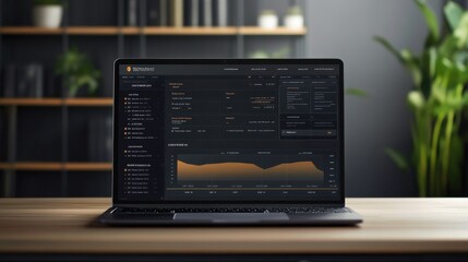 Fototapeta premium An open laptop placed on a wooden desk, displaying an advanced financial analytics platform. The screen features various metrics like revenue growth, expense breakdowns, and profit margins. The backgr