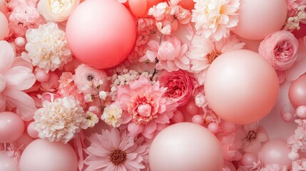 Beautiful Pink Floral Arrangement with Decorative Balloons and Petals