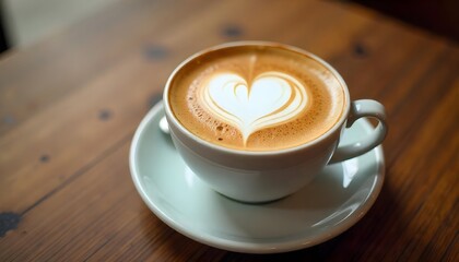 A cup of coffee with heart-shaped latte art on a wooden table.